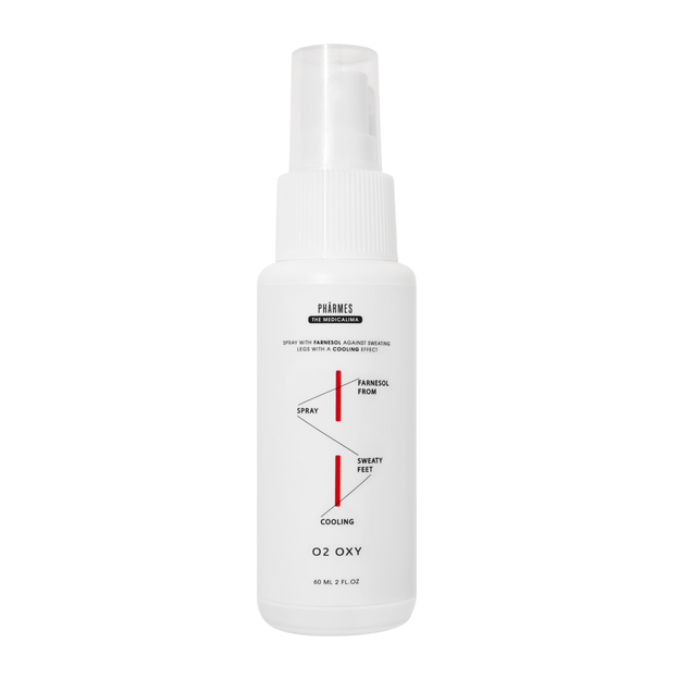 O2 OXY - FARNESOL SPRAY FOR SWEATY FEET Vėsinantis purškalas su farnezoliu nuo kojų prakaitavimo 60 ml.