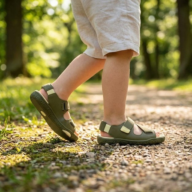 Dětsk&eacute; Barefoot Sand&aacute;ly GROUNDIES&reg; Twig Khaki Žlut&eacute;